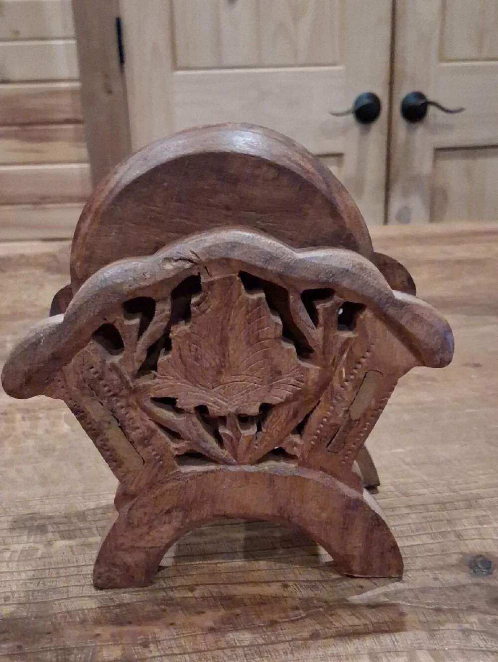 Vintage Hand-Carved Wooden Coaster Set With Floral Motif Holder